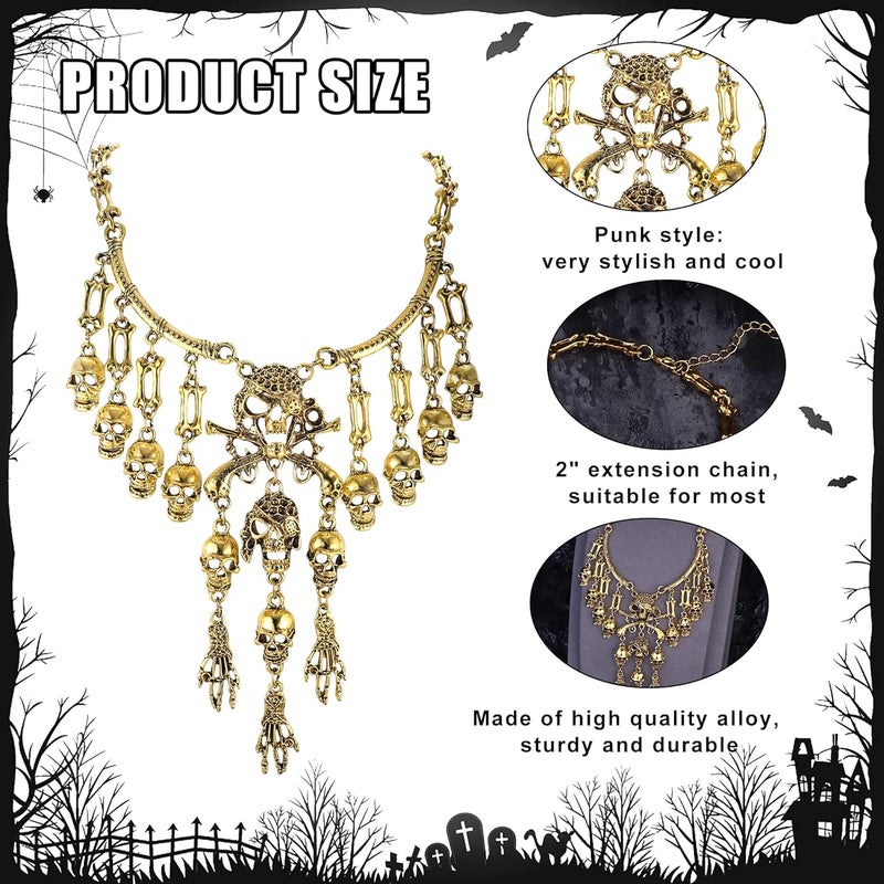 Yadoca 4Pcs Pirate Accessories For Women Multi-Level Pirate Skull Collar Bib Necklace Skull Skeleton Hand Bracelet Pirate Dangle Earrings Antique Gold Halloween Jewelry Set - Image 2